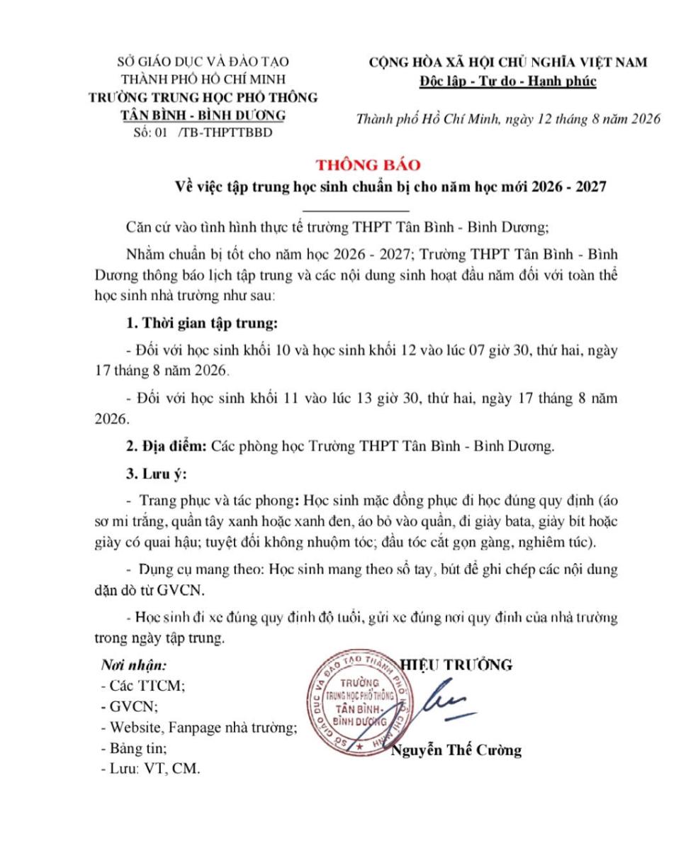 THÔNG BÁO Về việc tập trung học sinh chuẩn bị cho năm học mới 2026 - 2027